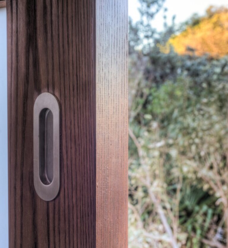 Thermally modified ash window trim close-up