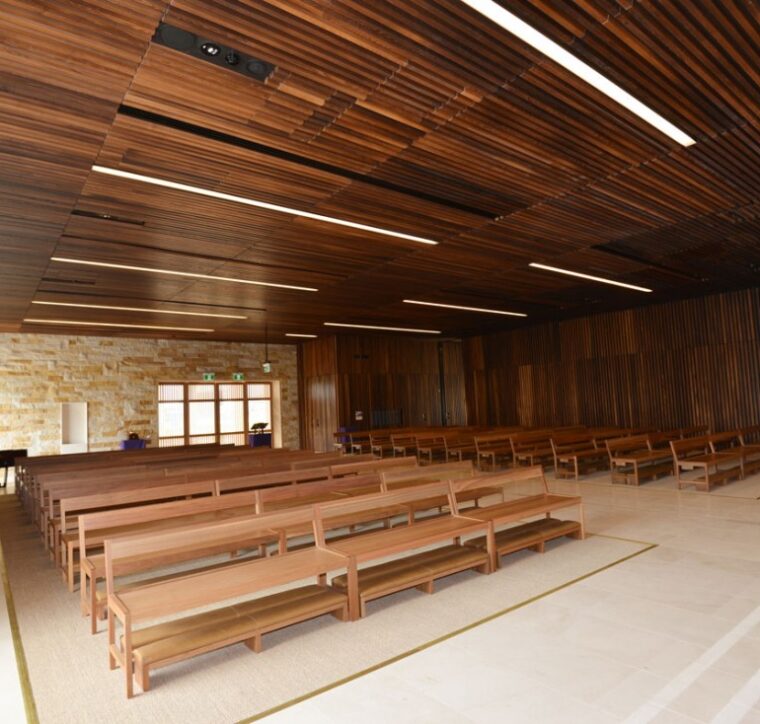 Thermally modified wood ceiling, chapel interior