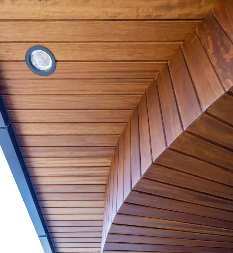Thermally modified Iroko ceiling