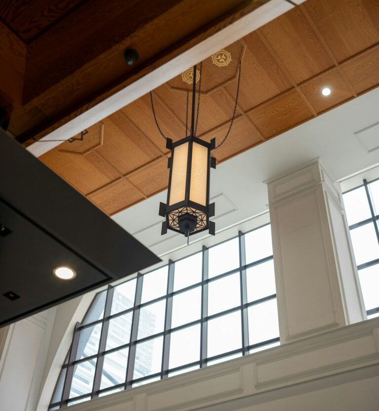 Coffered wood ceiling with a hanging lantern