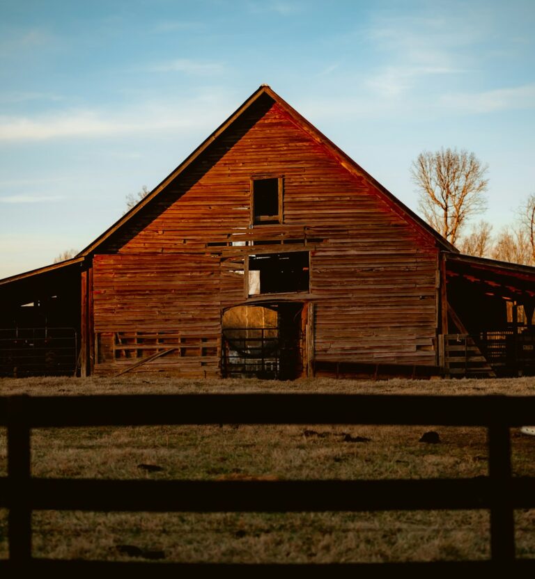 Old wooden barn at sunset