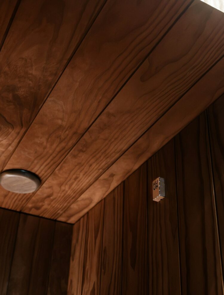 Warm-toned wood ceiling and wall
