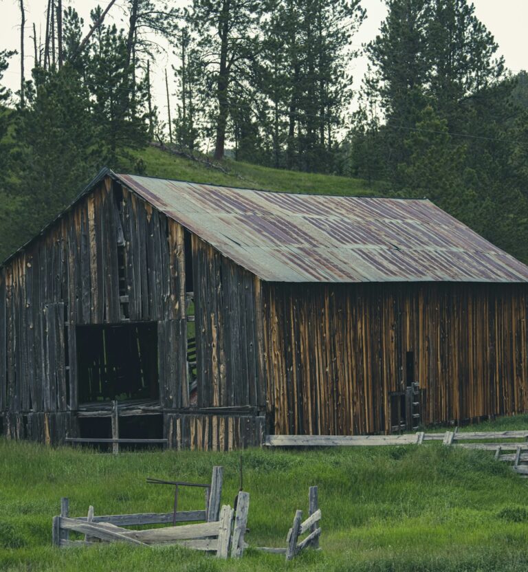 Weathered wooden barn in a green field