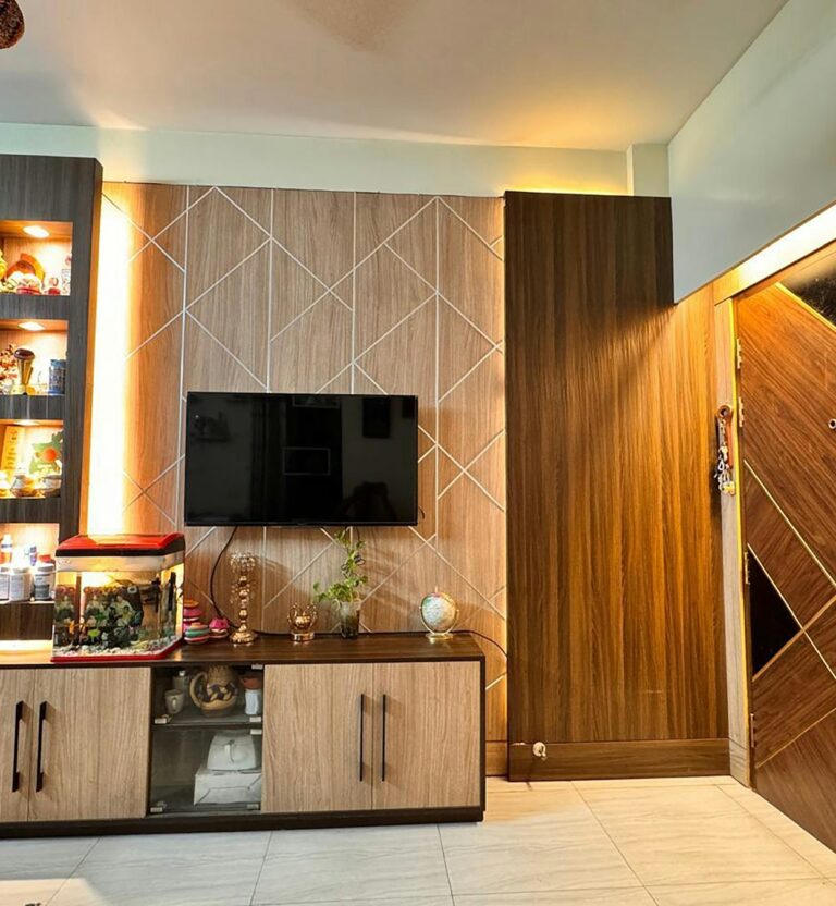 Wood paneled living room wall with shelving