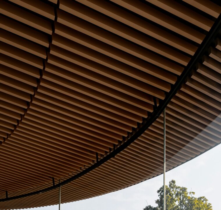 Straight wood slats on a curved canopy ceiling