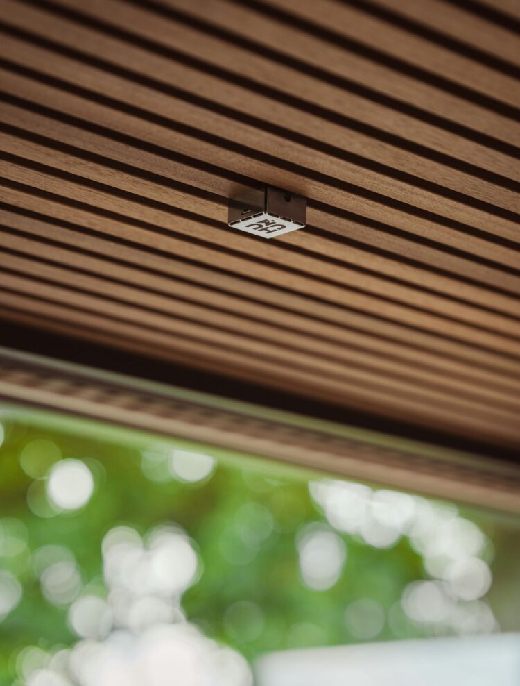 Straight wood slat porch soffit