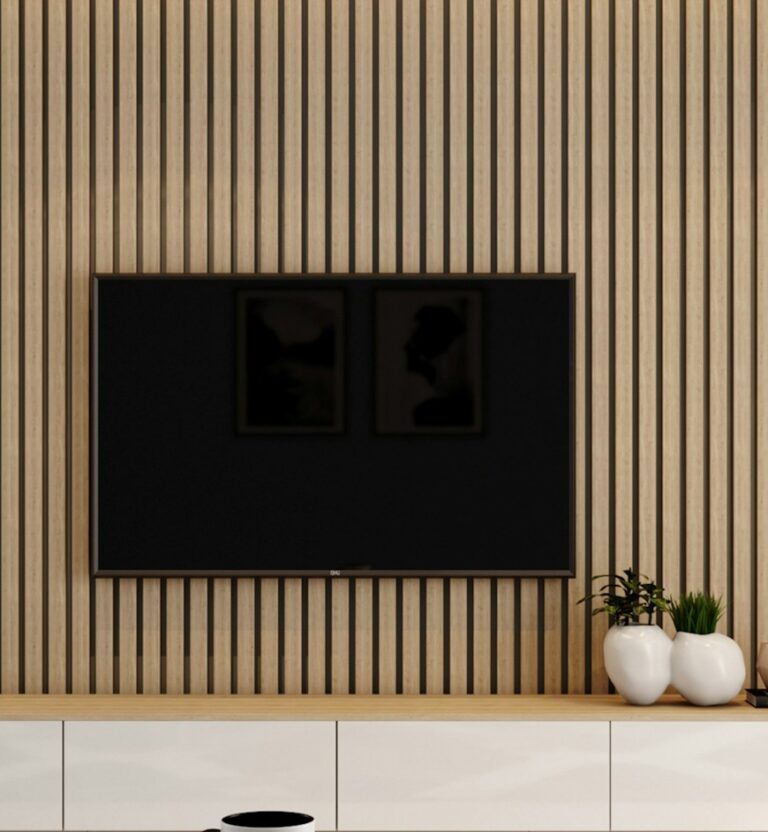 Vertical wood slat TV wall